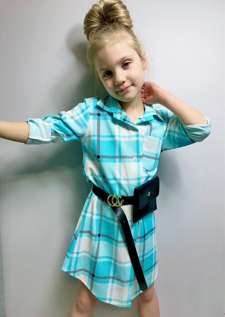 Sukienka dziewczęca ~ tunika w kratę z paskiem i torebką turkus