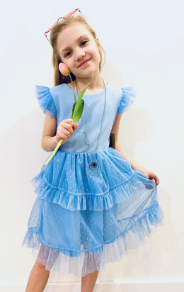 Sukienka dziewczęca wizytowa KOMUNIA z wisiorkiem -błękit