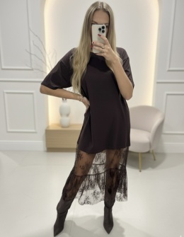 Sukienka damska oversize koronka długa czekoladowa koronkowa