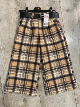 Spodnie wizytowe SZEROKIE dla dziewczynki KRATA z paskiem DZIĘWCZĘCE eleganckie