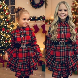 Sukienka świąteczna dla dziewczynki w kratę z paskiem