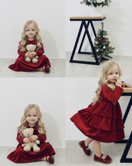 Sukienka dla dziewczynki welurowa z falbanami i cyrkonami świąteczna