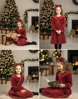 Sukienka świateczna dziewczęca welurowa z perełkami + torebka