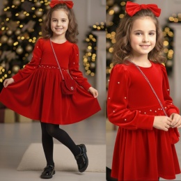 Sukienka świateczna dziewczęca welurowa z perełkami + torebka